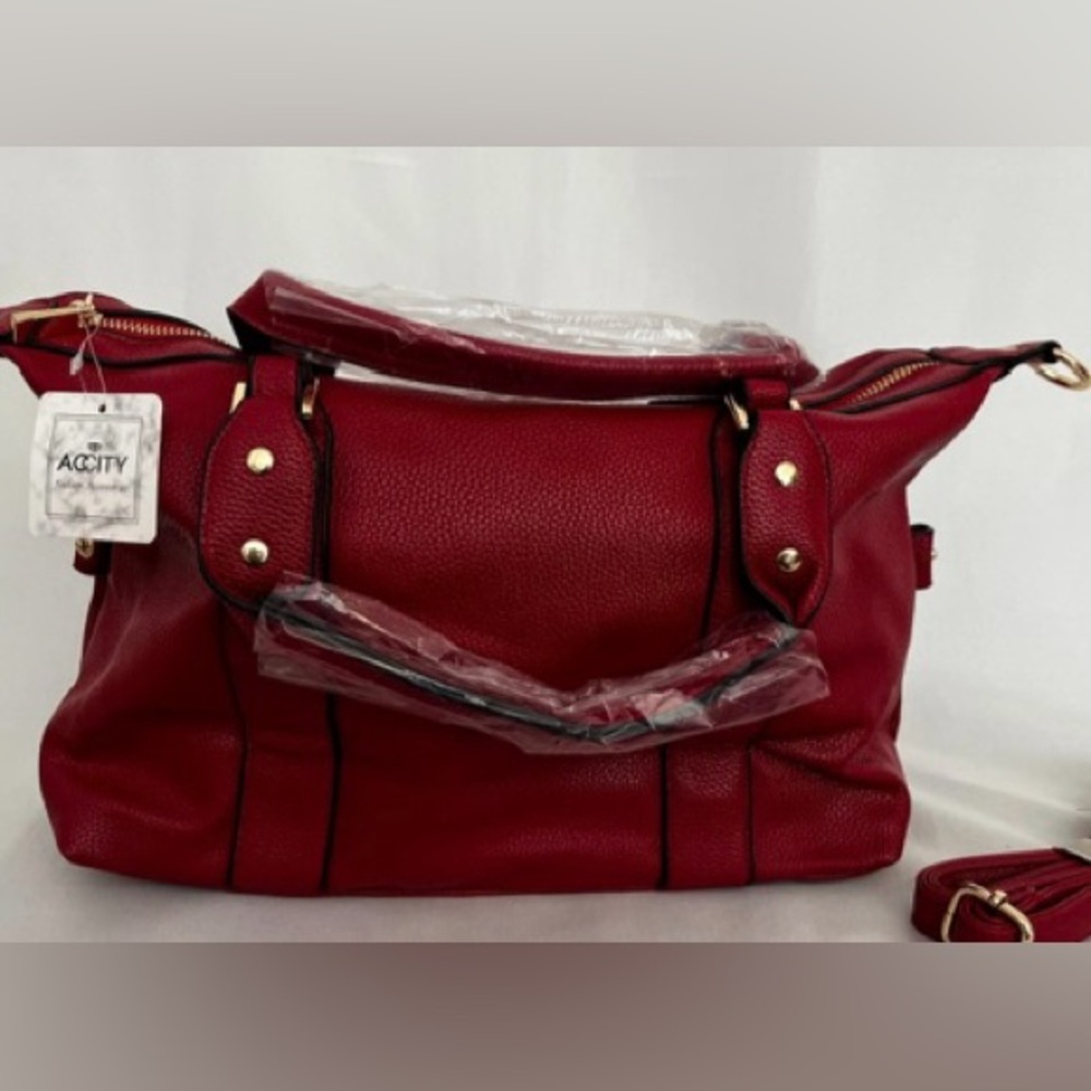 NWT ACCity Red Vegan Leather Satchel with Goldtone Hardware